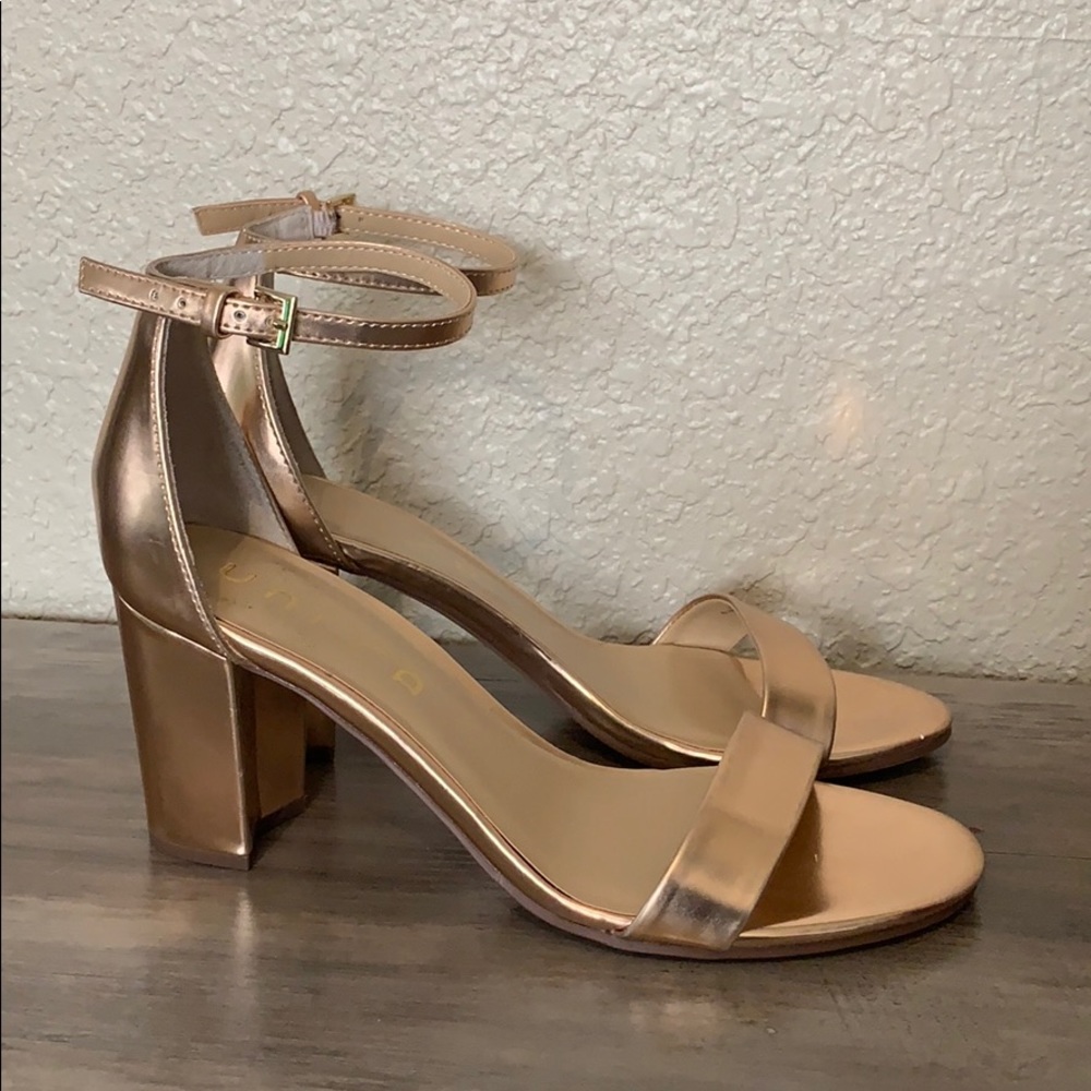 Rose gold metallic block heel